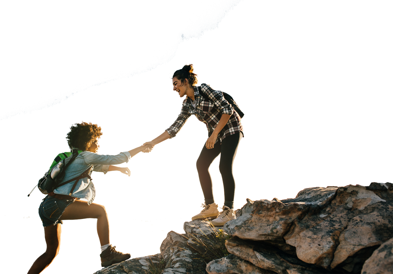 Two hikers helping each other climb a rocky mountain, symbolizing mental health support, personal growth, and resilience.