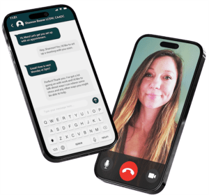 Mobile phone screens showing a video call and chat conversation with a licensed therapist, representing easy online appointment booking at Mount North.