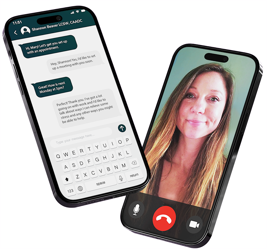 Book an Appointment with Your Therapist | Mount North Mobile phone screens showing a video call and chat conversation with a licensed therapist, representing easy online appointment booking at Mount North.