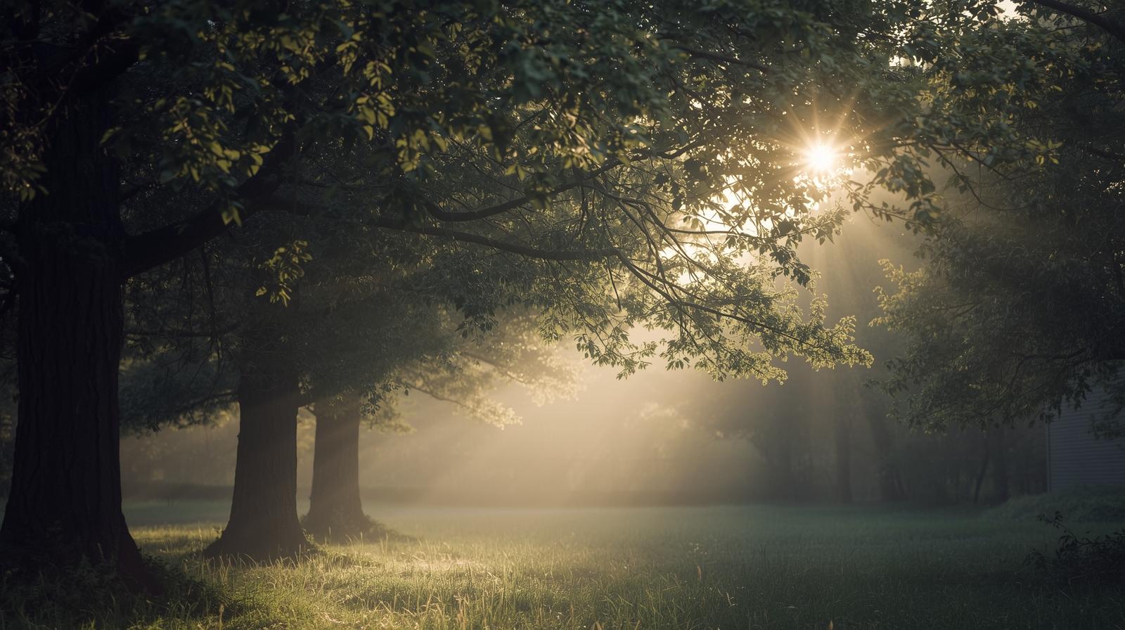 Soft morning sunlight through trees representing calm and emotional balance for anxiety support